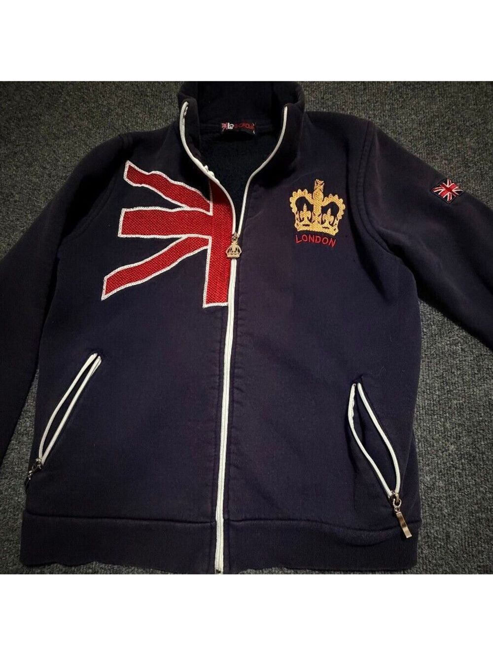 LONDON UNION Jacket Size XL Jack Crown Navy Blue Embroidered UK Flag Zippered - Picture 6 of 9